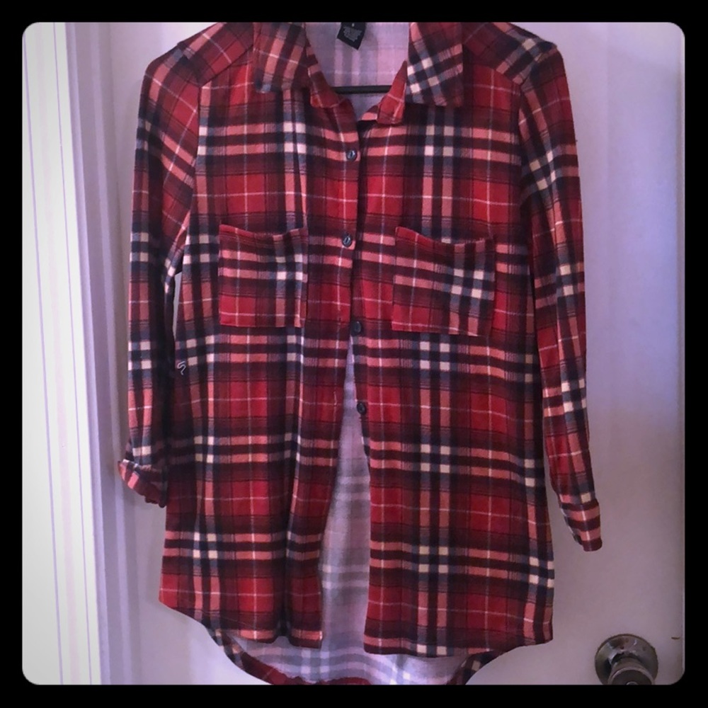Plaid button up, white trash bash shirt